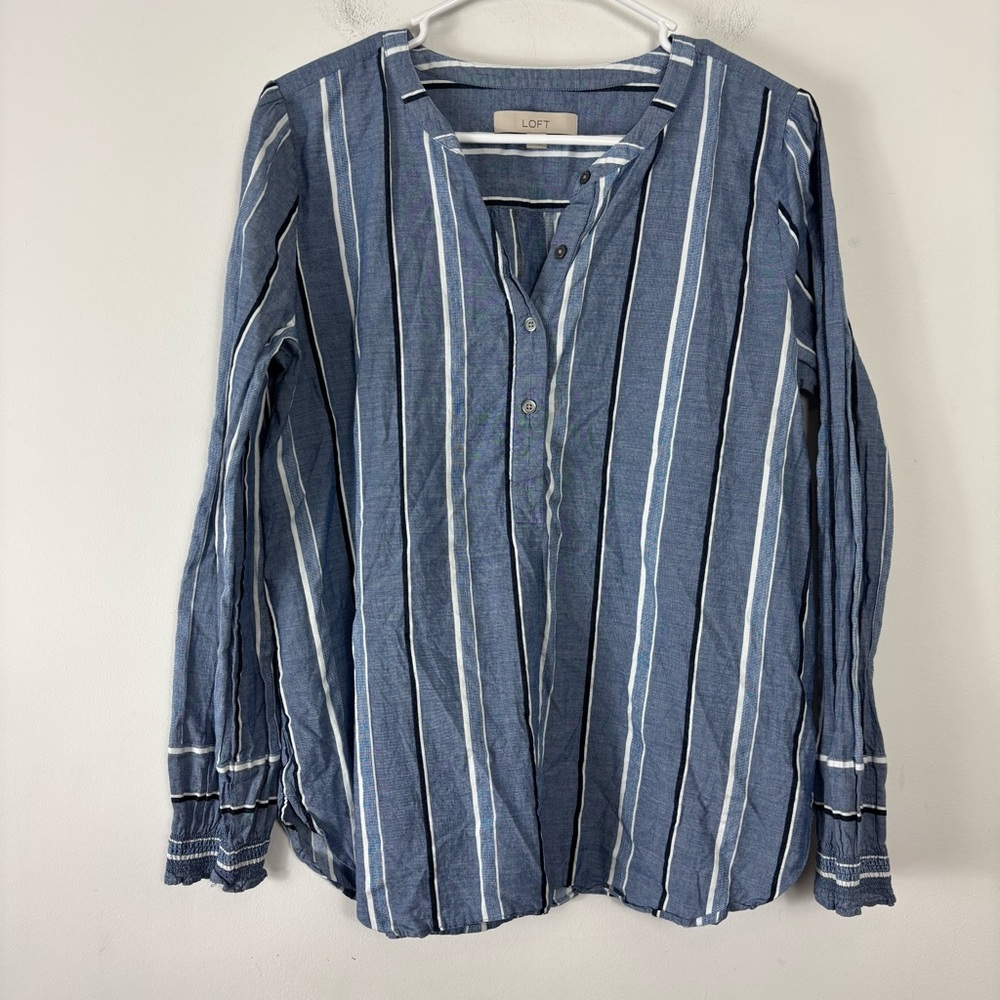 Nautical Button Up Womens M Blue Stripe Long Sleeve Elastic Cuffs Coastal Casual